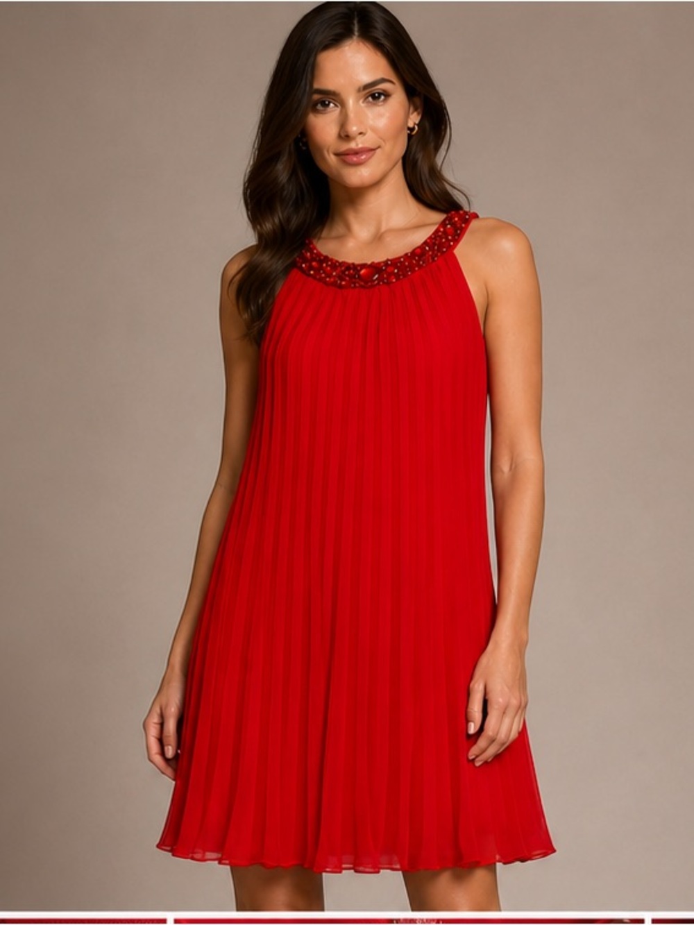 Adrianna Papell Red Pleated Embellished Neckline Gown Dress Size 2